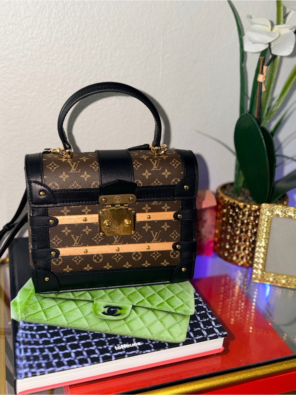 Triaon PM Trunk Top-Handle Bag with Gold Hardware